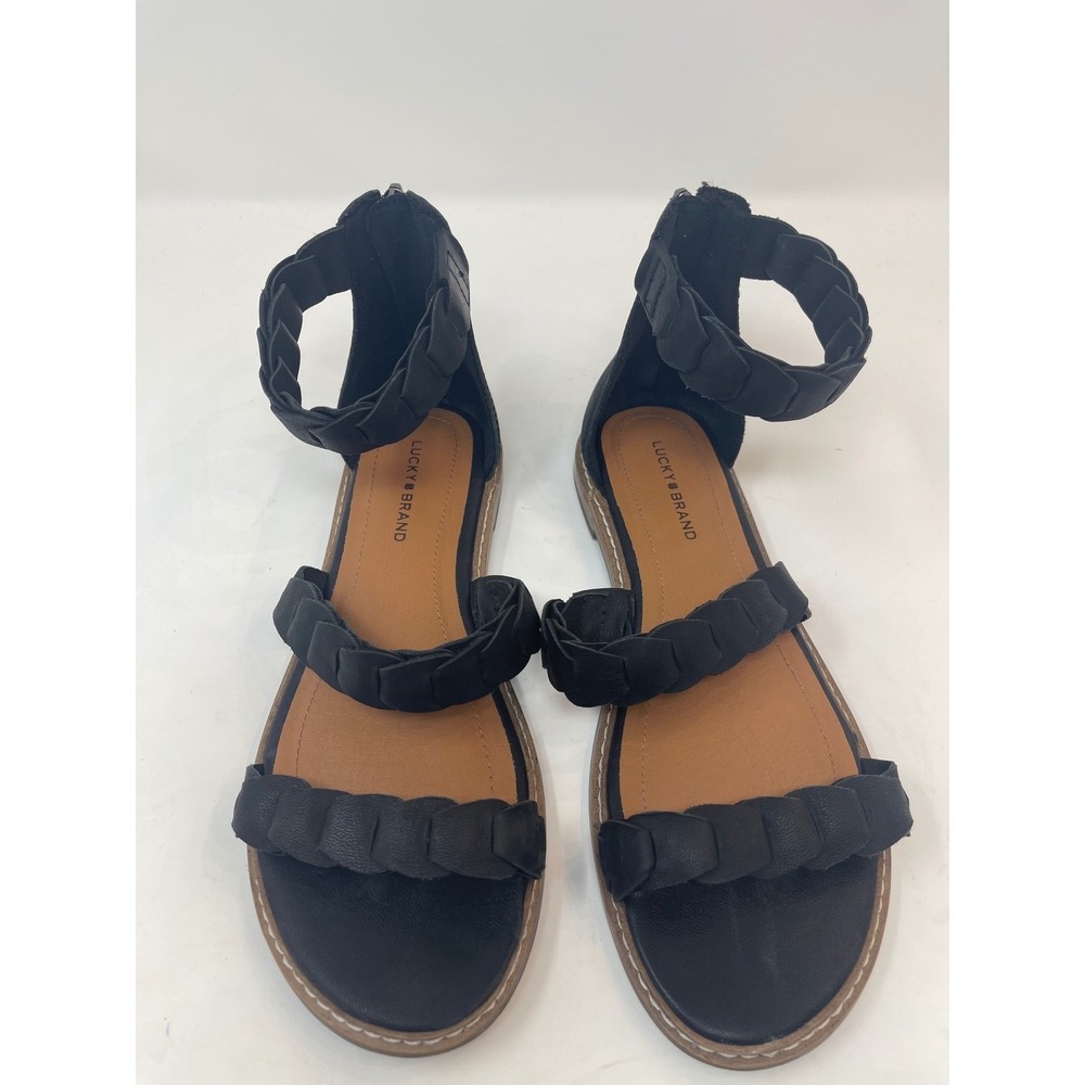 Lucky Brand Braided Flat Sandals Women's 8 Black Ankle Zip Boho Strappy